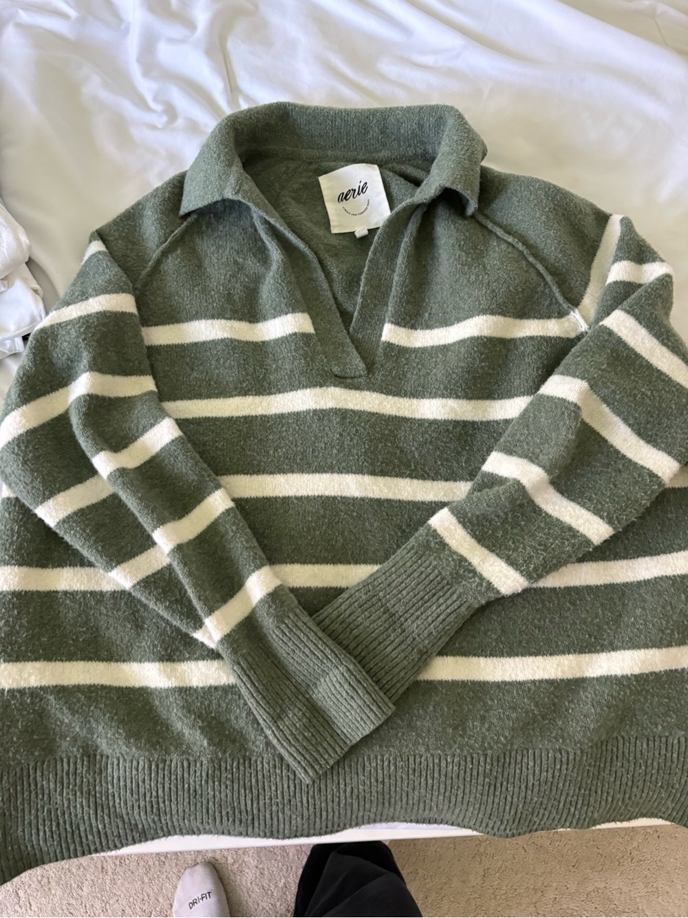 aerie Olive & Cream Striped V-Neck Polo Sweater